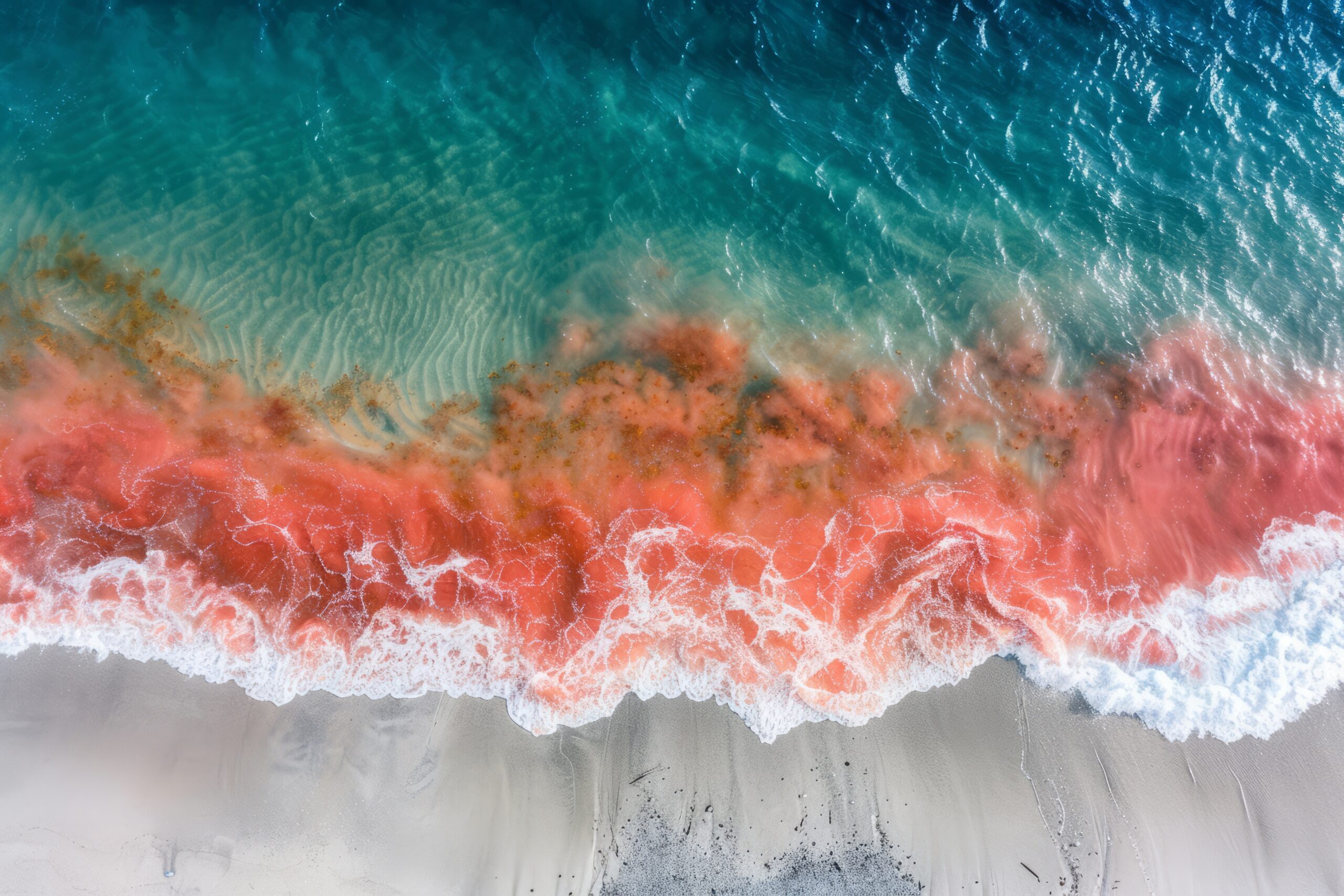 An aerial view of a red tide bloom spreading through clear blue ocean waters, creating a dramatic division of colors.Red tide.Algal bloom concept.Algae microorganisms.